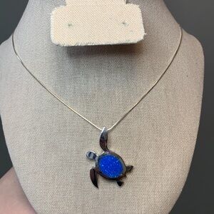 925 Stamped Sterling Silver Turtle Necklace Hawaiian Blue Opal 18"